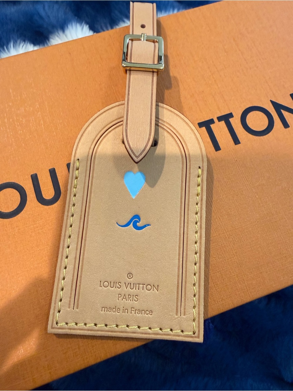 Louis Vuitton Natural Leather Luggage Tag with Blue Heart and Wave